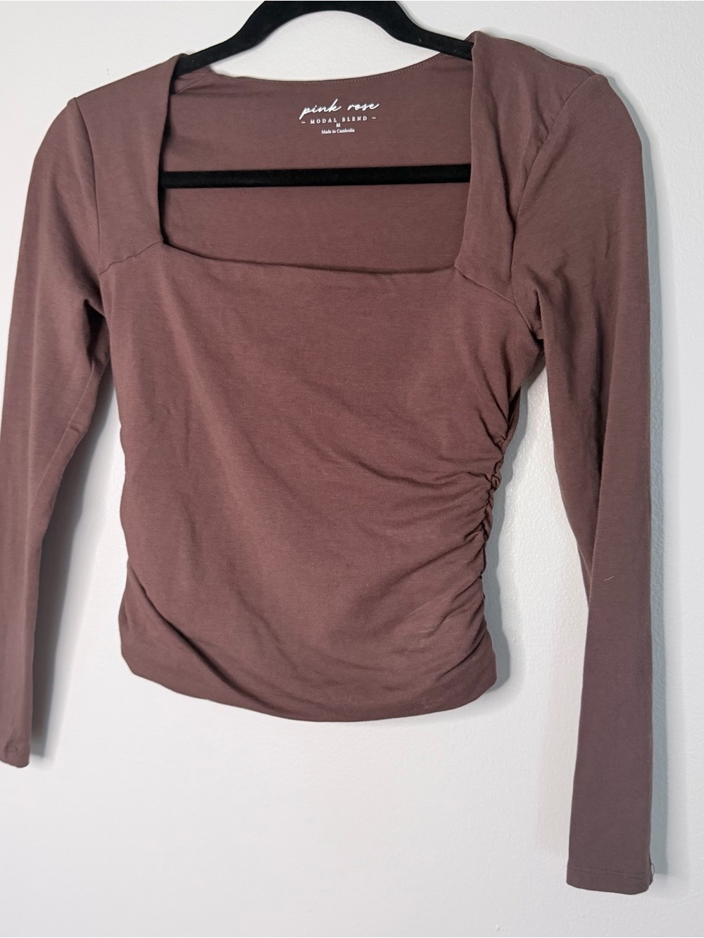 Pink Rose Brown Long Sleeve Square Neck Ruched Side Top